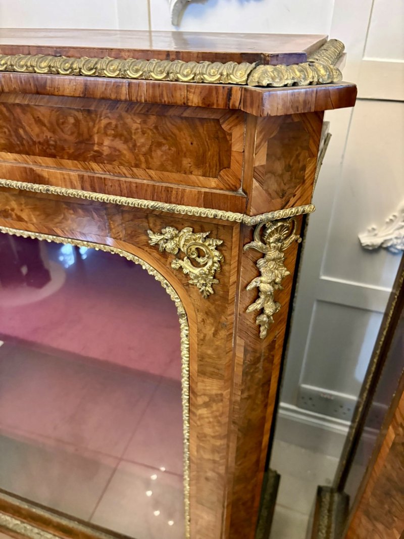 Antique Exceptional Pair of Victorian Burr Walnut Pier Cabinets with Ormolu Mounts - Image 8